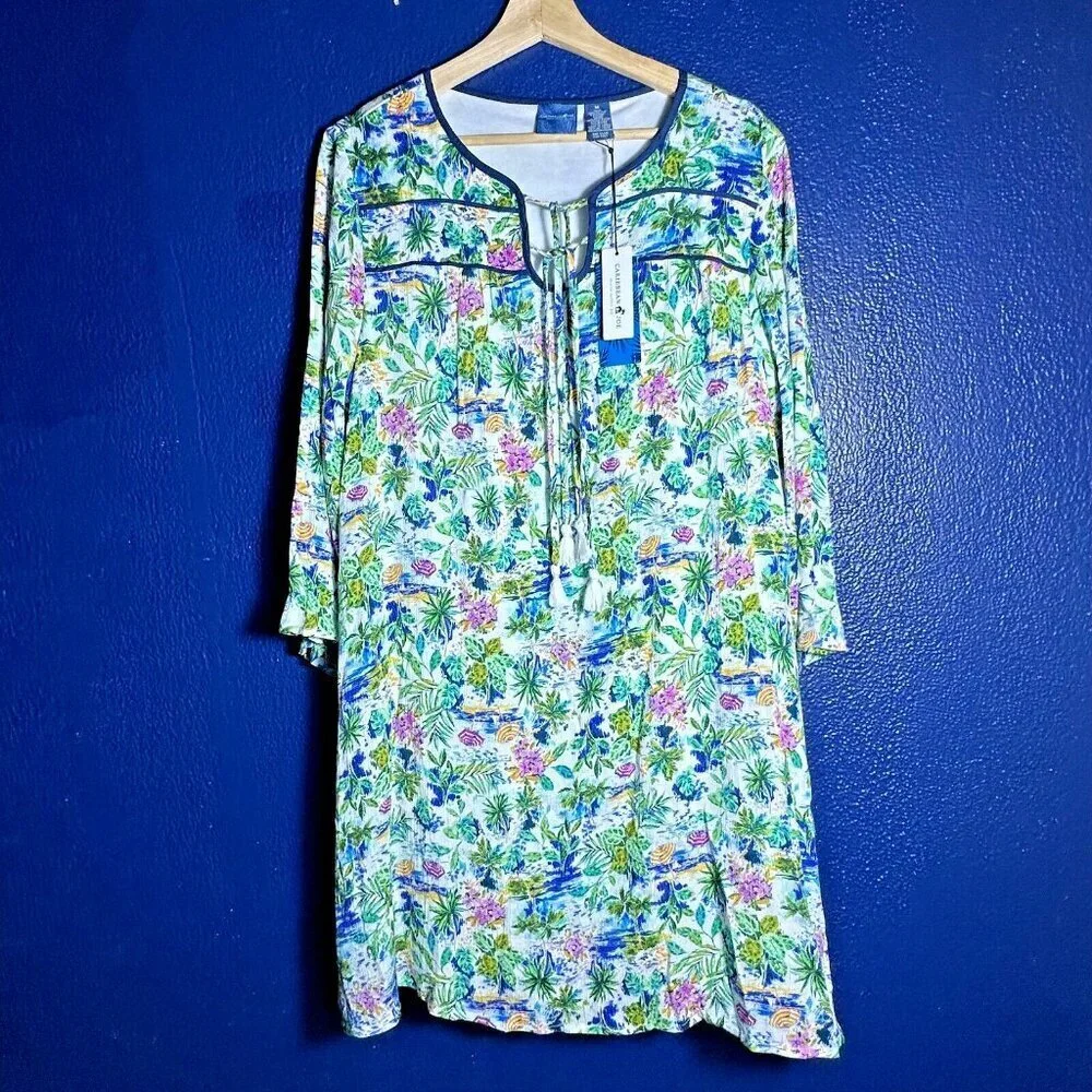 Caribbean Joe Size M Pink White Blue Print Aqua Dress lined Travel Casual nwt - Picture 4 of 14